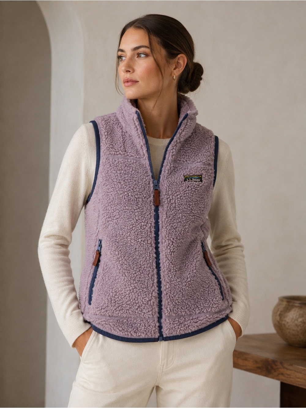 L.L.Bean Mauve Sherpa Fleece Zip Vest Women’s Cozy Outdoor Hiking Layer Size S